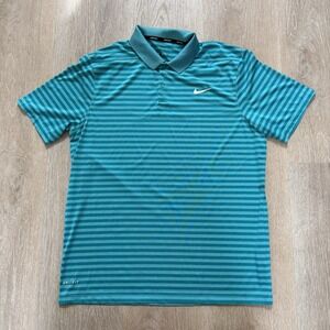 Nike Golf Polo Shirt Mens‎ Large L Turquoise Striped Dri Fit Short Sleeve